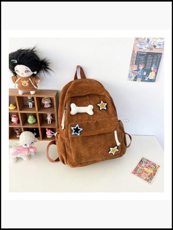 Corduroy Y2K Star Preppy Backpack Cute Vintage Grunge Bookbag Laptop Daypack main image 6